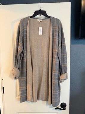 LOFT Gray and Camel Plaid Open Front Cardigan